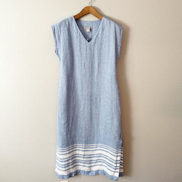 Chico’s Size 1 Sleeveless Stripe Hem Linen Tie Belt Midi Dress women’s size 8 - Picture 3 of 11